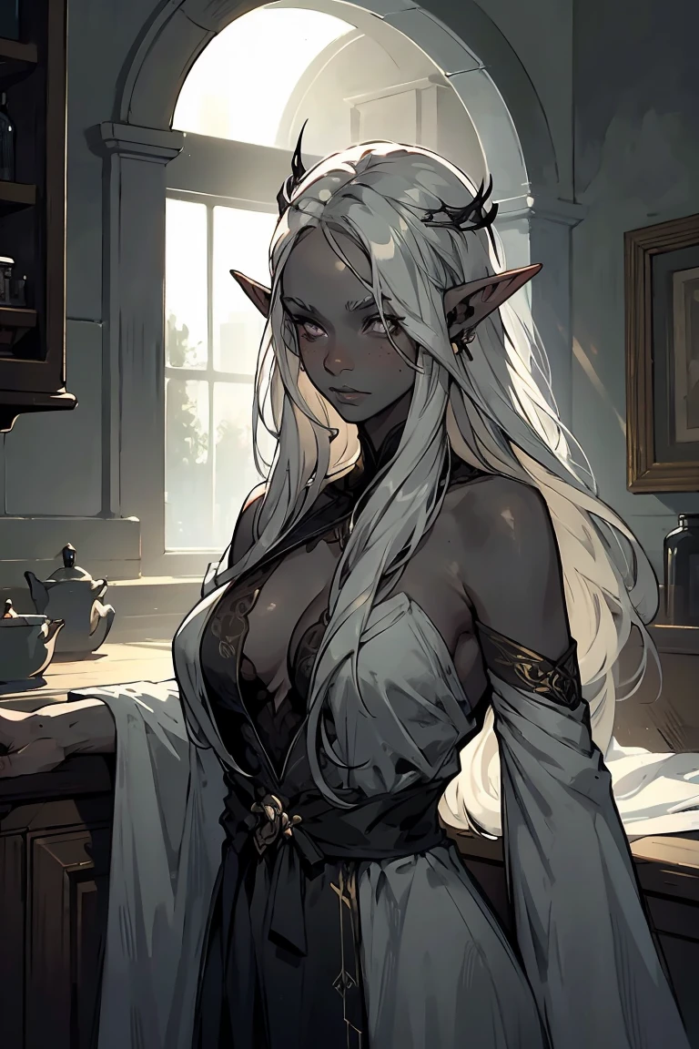 high quality: 1.3, cinematic frame, masterpiece, very detailed bright portrait, drow (elven long ears), ((Girl with gray skin)) (beautiful young woman), pretty face, fantasy, complex hairstyle
, (white hair), glowing hair, night, (very detailed skin), detailed background, in kitchen, indoor, soft lighting, tavern crepuscular lighting, volumetric lighting, complex parts, UHD