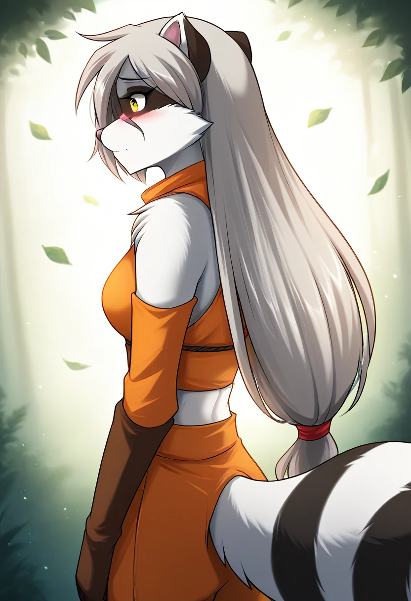 score_9, score_8_up, score_7_up, score_6_up, score_5_up, score_4_up, rating_explicit, source_furry, female, cute anthro female, cute face, detailed background, looking at viewer, solo, solo focus, (digital pen line-art, soft lines, soft shading, pinup, cartoon, anime:1.2), tkraine, (raccoon:1.3), yellow eyes, silver hair, (white fur, BUSHY TAIL:1.4), anthro, (kunoichi:1.4), forest, ninja scroll, blush, shy, midriff, medium 