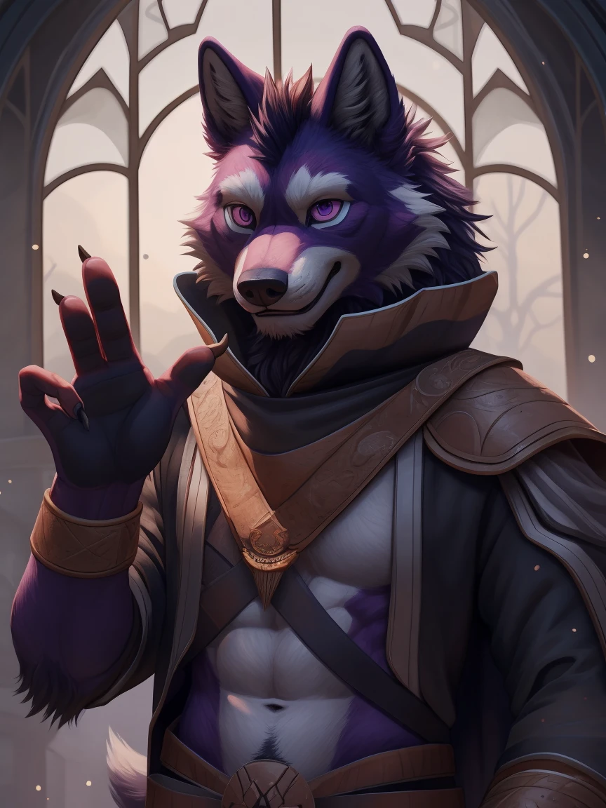 epic fantasy,fantasy warlock, soft lines,perfect lighting,Gorgeous dodge gesture,Exquisite composition,Gorgeous,super detailed,mage,The eyes are sinister,There is a hollow white diamond pattern on the forehead,pink purple eyes,hairy,purple fur,purple fur,people(Wolf),male,21-year-old boy,purple body,white belly,Strong and lean body,mage clothing,gray long cloak, super detailed face, (delicate eyes), (The background is a vast forest scene:0.5), light particles, (best quality), (masterpiece), high detail, high quality, Award-winning, high resolution, HD, 16K