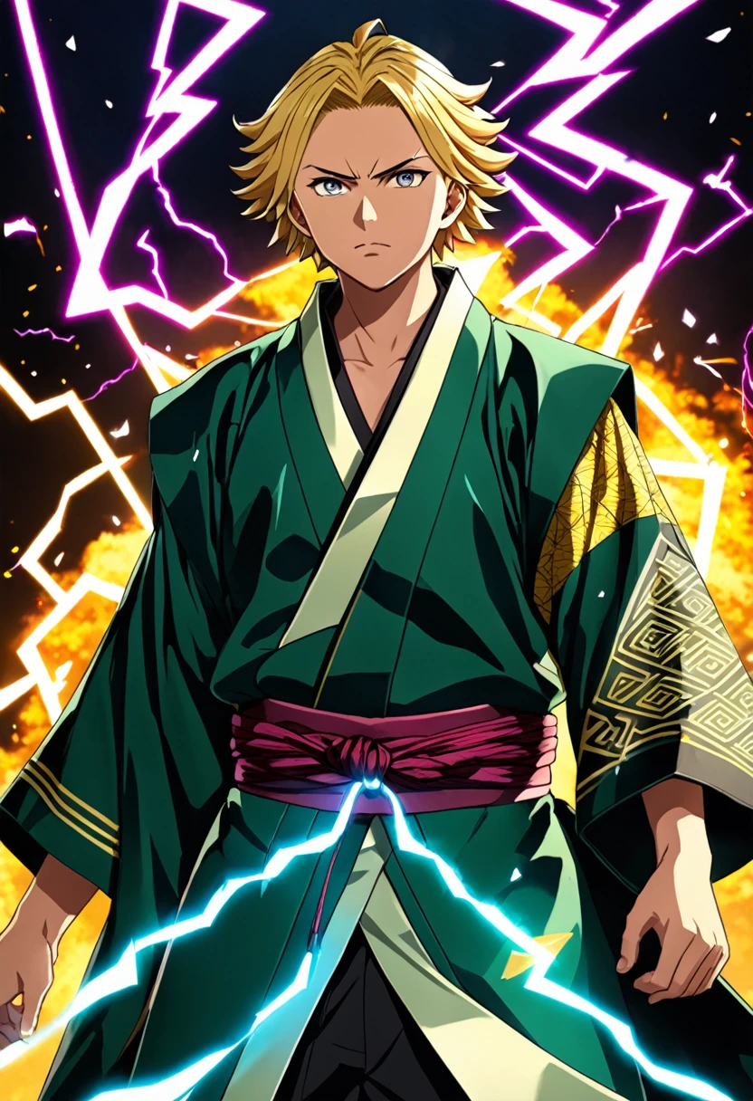 Zenitsu Agatsuma from Demon Slayer, front view, short blonde hair, intense expression, long sleeves, detailed Japanese clothes with a triangle print, glowing electricity surrounding his body, haori, Demon Slayer uniform, dramatic lighting, highly detailed, vivid colors, electricity crackling around his body, high quality, intricate details.