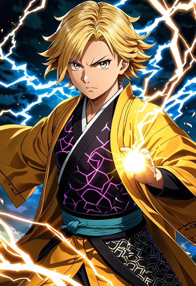 Zenitsu Agatsuma from Demon Slayer, front view, short blonde hair, intense expression, long sleeves, detailed Japanese clothes with a triangle print, glowing electricity surrounding his body, haori, Demon Slayer uniform, dramatic lighting, highly detailed, vivid colors, electricity crackling around his body, high quality, intricate details.