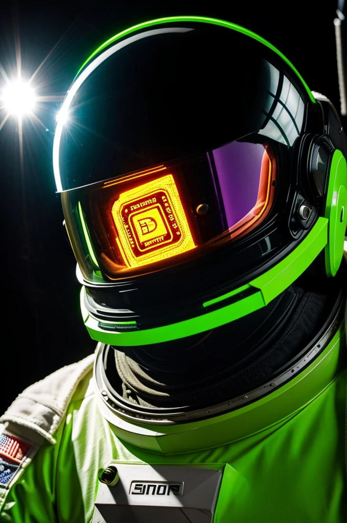 Reflection of neon green BTC on Astronaut's helmet shield