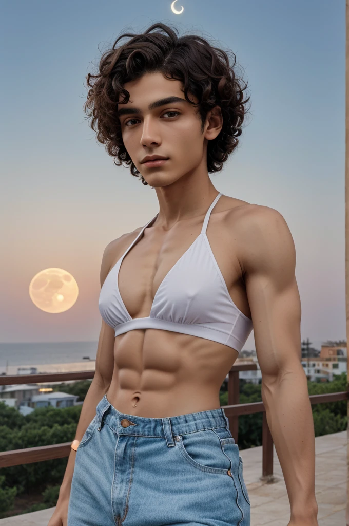 Short curly hair man with jawline and almond shaped eyes and six packs and summer clothes
Moon and magical powers in background
High quality