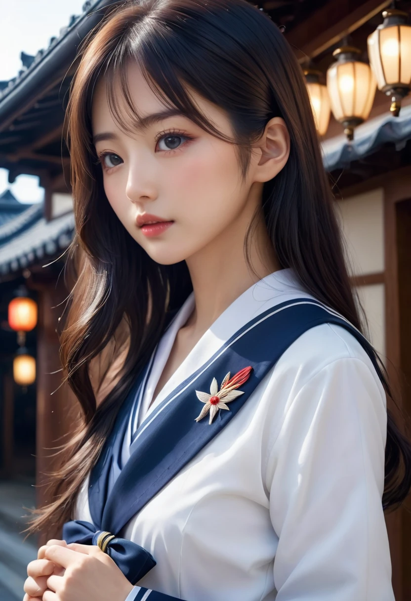 Detailed, A high-quality stable diffusion prompt for a given topic would look like this:。: One girl, roromiya, ririchiyo, Ascot, (Highest quality,4K,8K,High resolution,masterpiece:1.2),Super detailed,(Realistic,photoRealistic,photo-Realistic:1.37),非常にDetailed目と顔,Long eyelashes,Beautiful attention to detail,Beautiful lip detail,Japanese Sailor Suit,Intricate details,Cinema Lighting,Vibrant colors,Dramatic lighting,Digital Art,In town,long hair