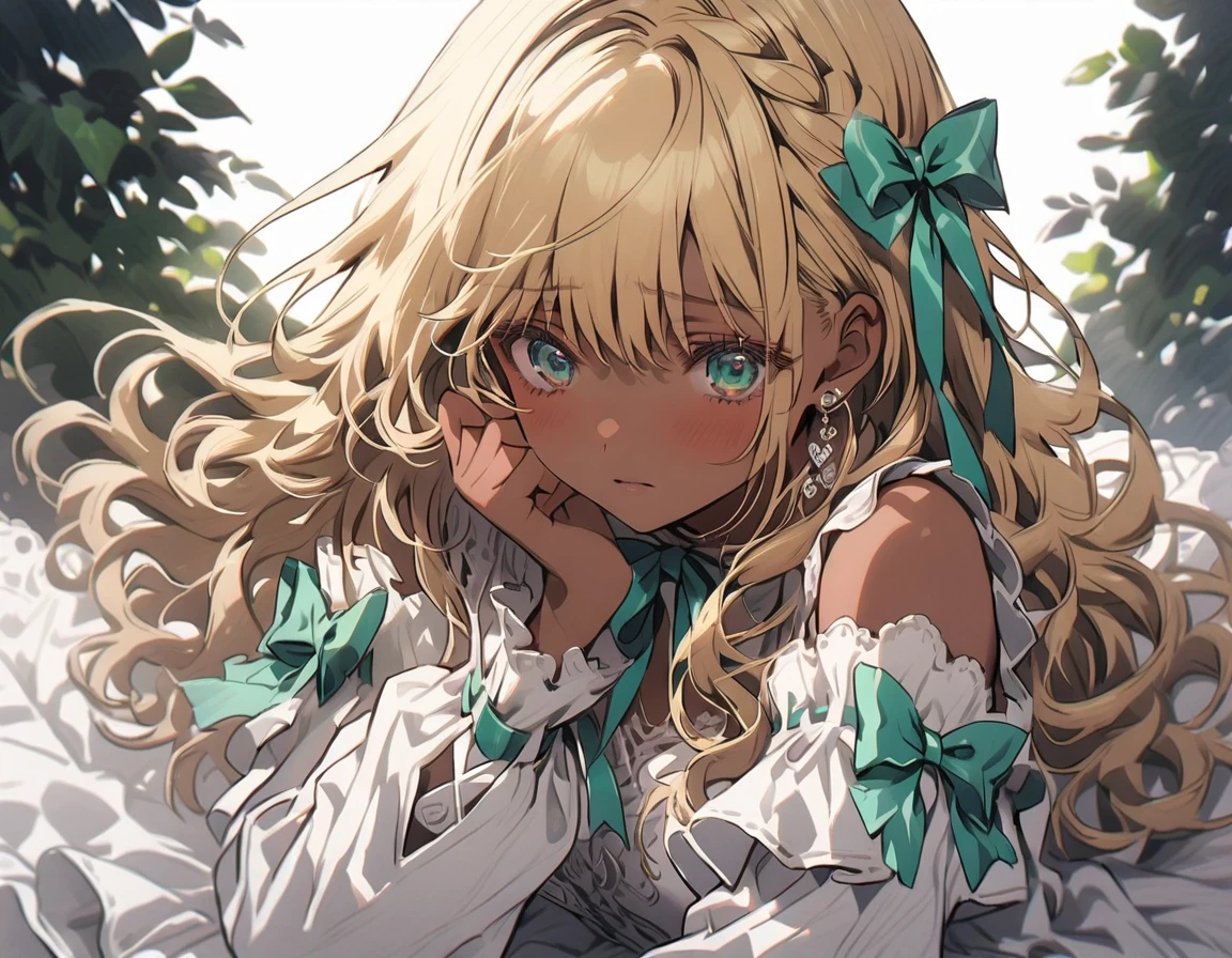 Girl, deep tan skin, brown skin, big blue green eyes, puffy white dress with bows and ribbon details, young adult, sad, curly blonde hair, ribbon lace thigh high leggings, Mary Jane platform shoes