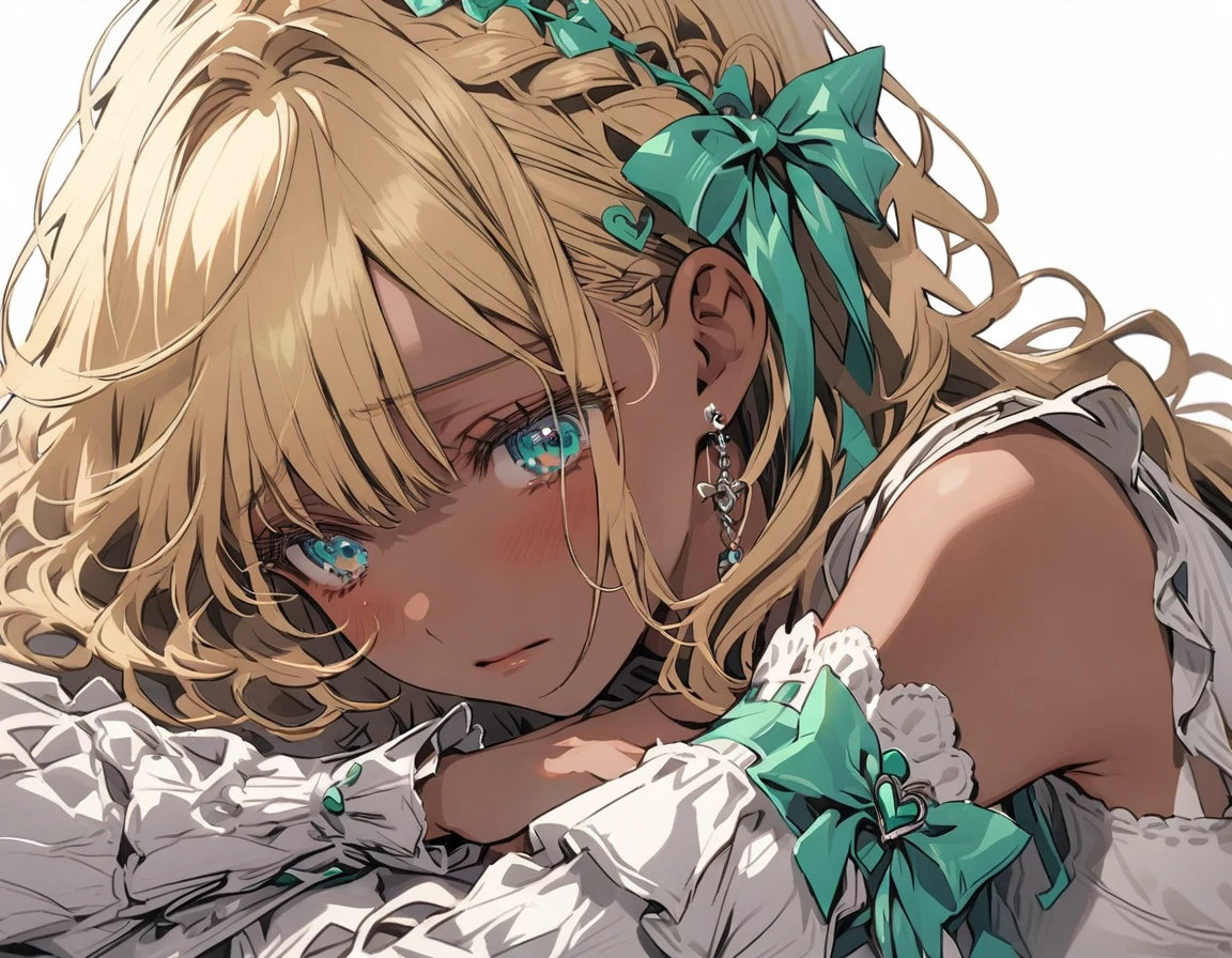 Girl, deep tan skin, brown skin, big blue green eyes, puffy white dress with bows and ribbon details, young adult, sad, curly blonde hair, ribbon lace thigh high leggings, Mary Jane platform shoes