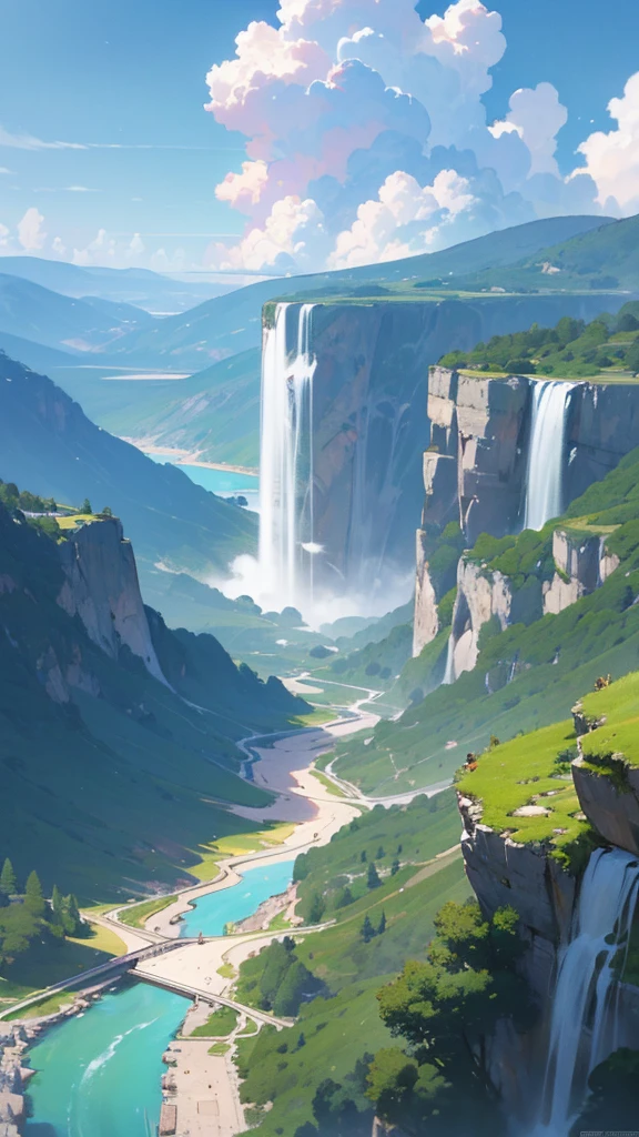 masterpiece, best quality, high quality, Extremely detailed CG unity 8k wallpaper, landscape, outdoor, Sky, cloud, Sky, No humans, Mountain, landscape, water, Tree, blue Sky, waterfall, cliff, nature, lake, river , cloudy skies, Award-winning photography, Bokeh, Depth of Field, Human Development Report, bloom, Chromatic Aberration, Photorealism, Very detailed, Popular on ArtStation, Popular on CGsociety, complex, High Detail, dramatic, Art on the go