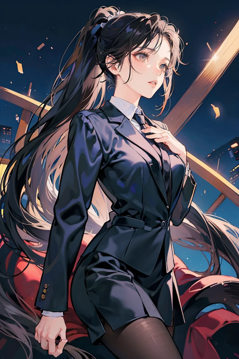 anime - (masterpiece), best quality, small eyes, mature face, dark brown eyes, long ponytail dark hair, long mature face, navy blue business suit, black necktie, tall woman, long legs, adult-like female, 1girl, medium sized breast, school background, mature look