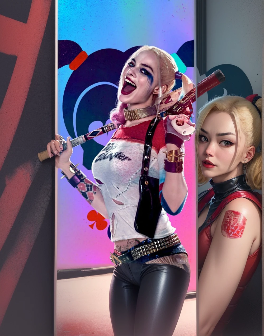 Harley Quinn、Metal bat on shoulder、