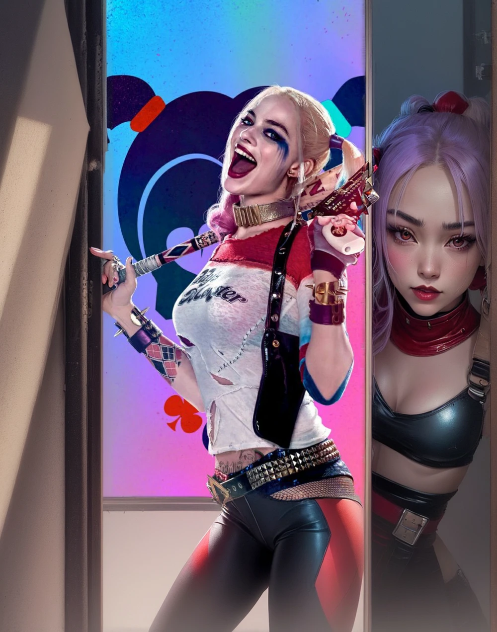 Harley Quinn、Metal bat on shoulder、