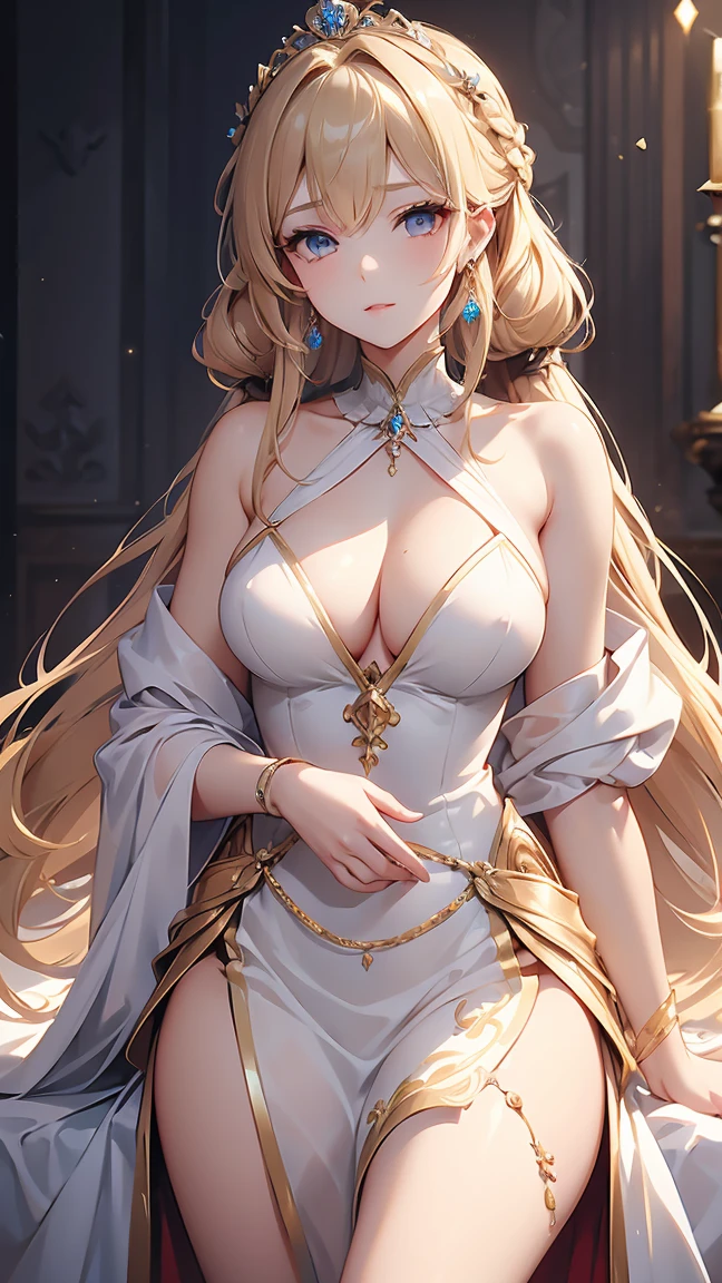 ((masterpiece)), (Textured skin), ((Attention to detail)), Highest quality, Awards, 8K, Beautiful woman, Silk dress, Noble, Princess, Queen, blonde, Half Up, Hair flap, Jewelry Tiara, Crystal Earrings, Sharp focus A Beautiful woman with perfect body, Slim abdomen, Light brown hair, Shiny Hair, Low twin tails