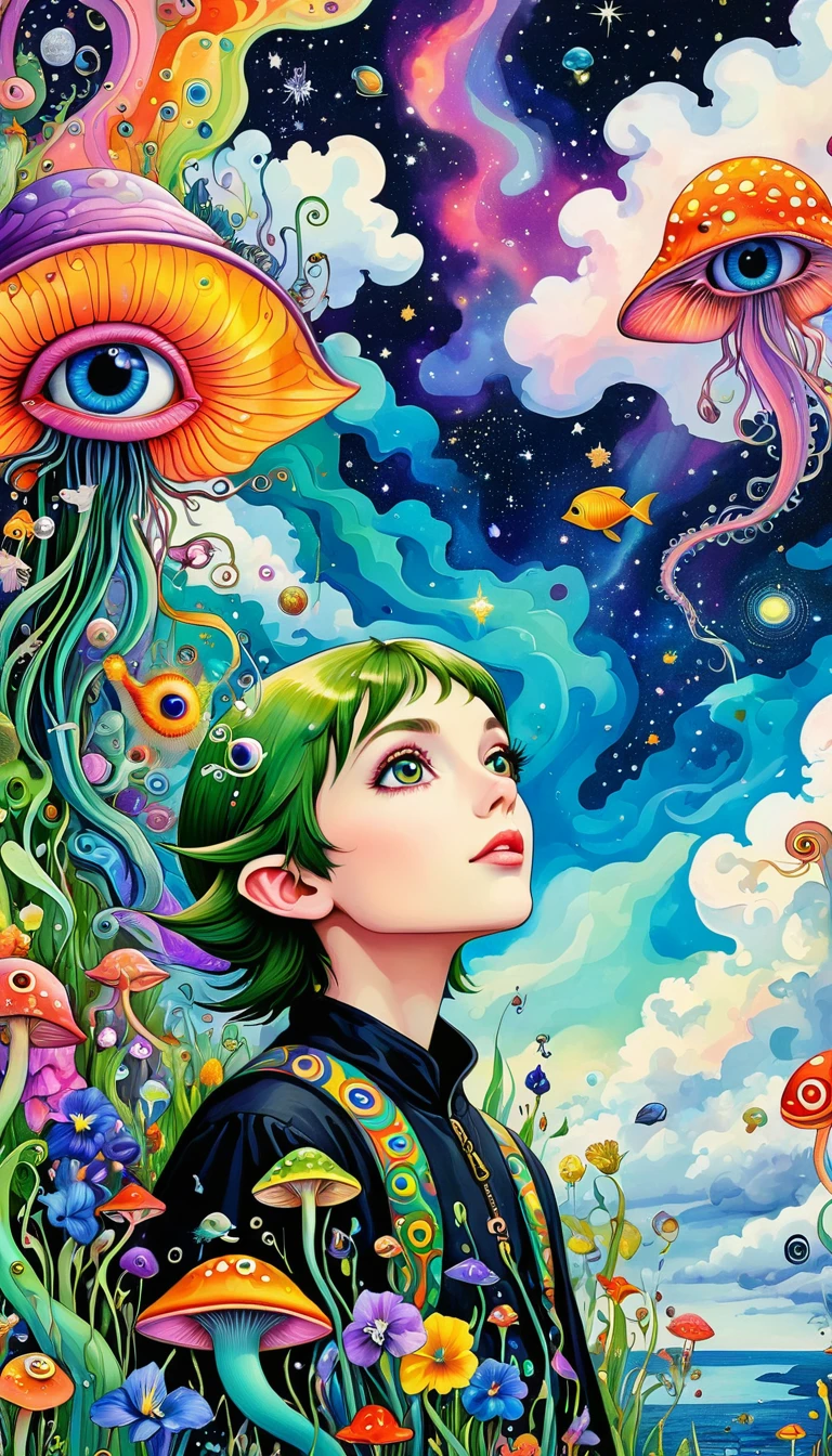 Psychedelic illustration, Color illustrations, Whimsical and psychedelic, Three-dimensional painting。The elf looking up at the sky，Eye in the sky，Artists from the stars，Colorful black，A world of color，Dopamine，mouth，A cloud、snails、iris、fish、Tentacles、bird、Eye、diatom，Abstract mosaic painting，Describing the inner world of autism，Sense of space，White Space，interesting，Innocence，Psychedelic Art，Black overall