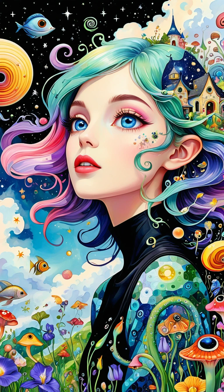 Psychedelic illustration, Color illustrations, Whimsical and psychedelic, Three-dimensional painting。The elf looking up at the sky，Eye in the sky，Artists from the stars，Colorful black，A world of color，Dopamine，mouth，A cloud、snails、iris、fish、Tentacles、bird、Eye、diatom，Abstract mosaic painting，Describing the inner world of autism，Sense of space，White Space，interesting，Innocence，Psychedelic Art，Black overall