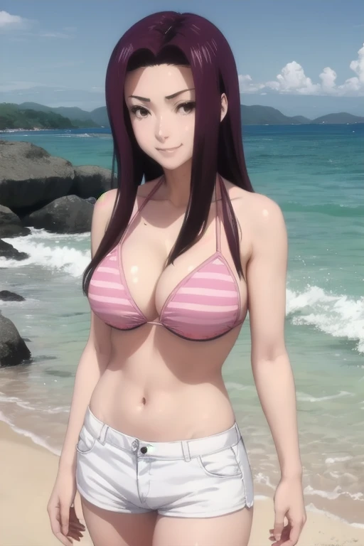 masterpiece, best quality, sakaki ryouko, pink bikini, white short pants, large breasts, beach, furrowed brow, smile,