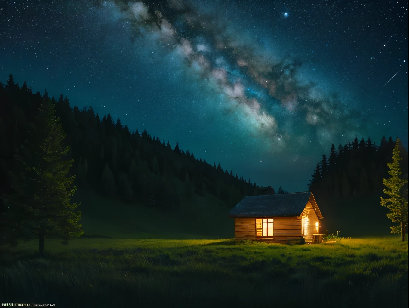 a breathtaking starry night sky, a serene and tranquil landscape, a lone cottage surrounded by lush forests, a milky way galaxy stretching across the heavens, a crescent moon casting a soft glow, a shooting star streaking through the darkness, highly detailed, cinematic lighting, vivid colors, realistic, photorealistic, masterpiece, (best quality,8k,highres,ultra-detailed,extremely detailed),(fantasy art,digital art,hyperrealistic,dramatic lighting)