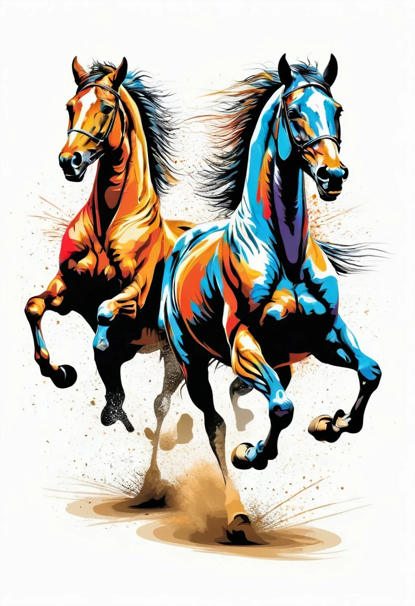 T-shirt art vector ready to print colorful graffiti illustration of two jumping horses, frontal perspective, action photo, vibrant color and welding, high détail, White background