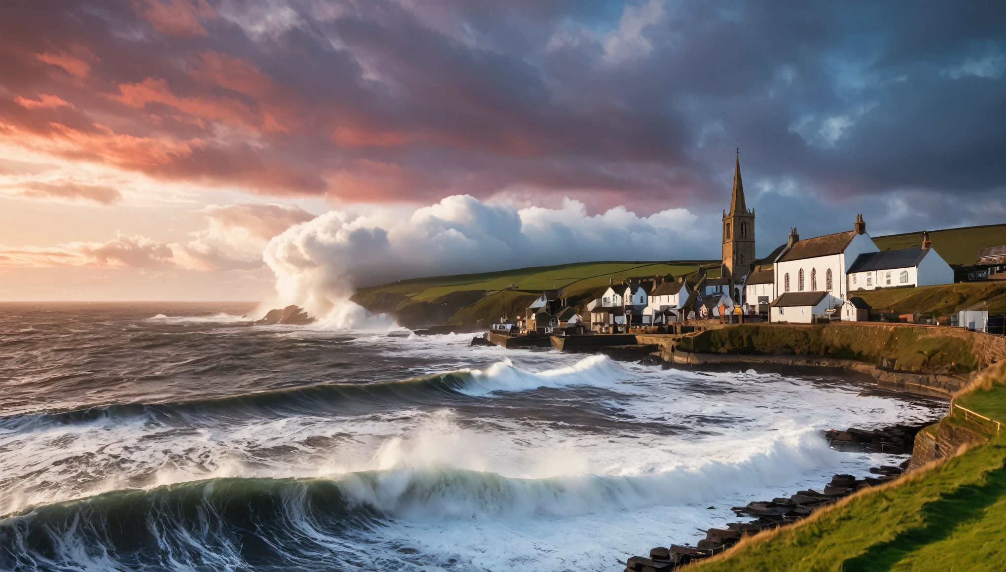 A beautiful old English fishing village with giant waves crashing over the sea wall, there's a church on the hill, it is sunset and the clouds are red,