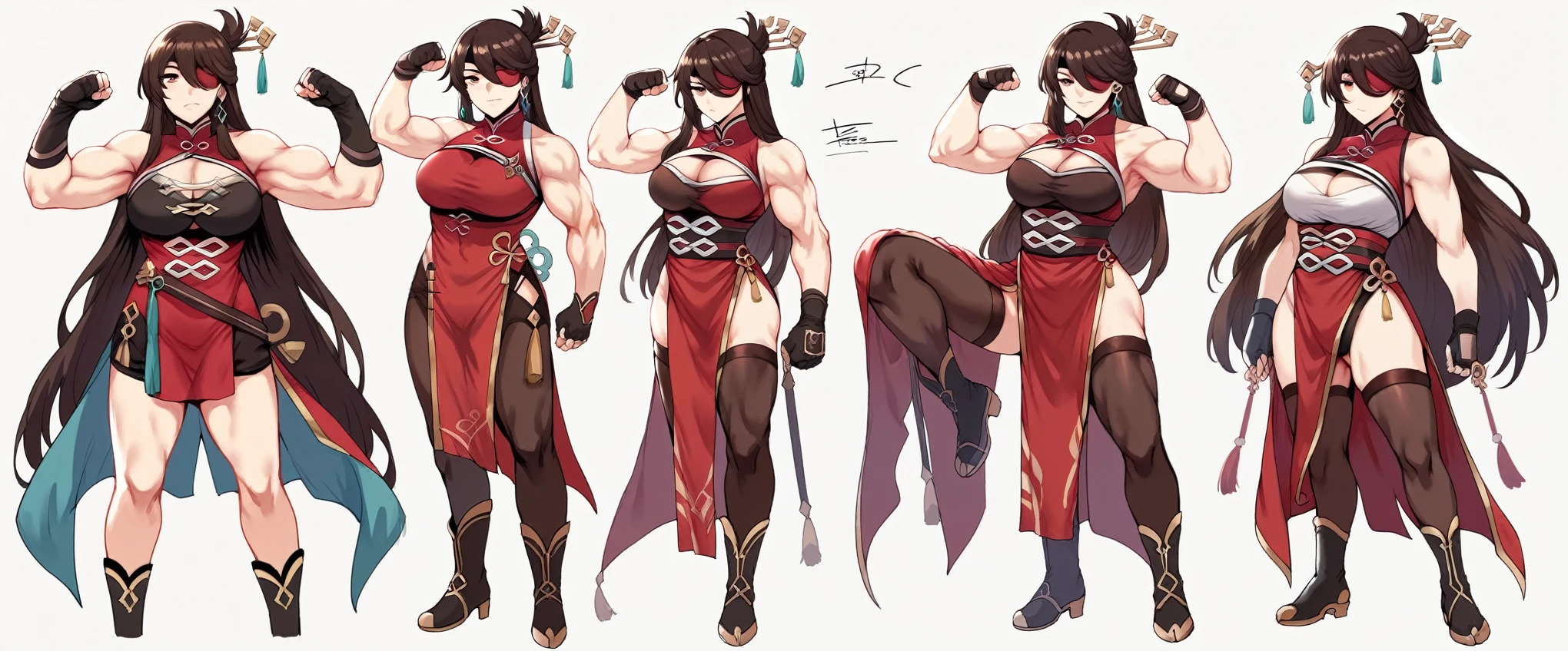 Hews style, 1girl, beidou_(genshin_impact), , solo, long_hair, gloves, cleavaghighs, eyepatch, muscular_female, muscular, fingerless_gloves, brown_hair, earrings, dress, hair_ornament, jewelry, biceps, large_breasts, black_ cleavage_cutout, clothut, pelvic_curtain, chinese_clothes, bare_shoulders, white_background, simple_background, hairpin, boots, hair_stick, red_dress, flexing