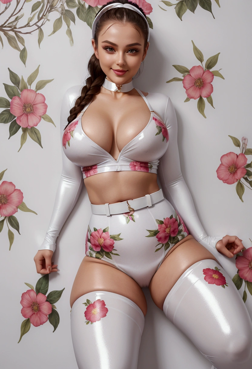 1girl, curvy fitness body, beauty, beautiful russian girl, shiny braidsl, busty, skintight flower printed over white catsuit, skintight flower printed skirt, skintight flower printed suit, skintight headband over forehead, wide satin choker, tight wide waist belt, multiple shiny bucklets, shiny stockings, white panties, short boots, smile,