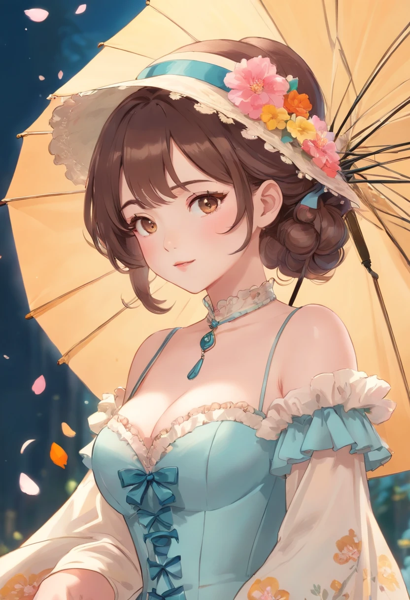 (Masterpiece), (best quality), illustration of Victorian Girl、kawaii girl、aniime、 1. lo fashion: Victorian fashion is characterized by dressy and elegant design。Ruffles and laces、corsets、Try incorporating elements such as long dresses。 2. hairstyle on: Women's hairstyles in the Victorian era are often complex and delicate。Upstyling and curling、It is also a good idea to add ribbons and floral ornaments to the hair.。 3. Features: girl features with soft features、Beautiful、kawaii、intelligent Beatty, Beautiful 5. accessorized: Accessories played an important role in the Victorian era。Hats、gloves、umbrellas, etc.、By drawing accessories with attention to detail、You can give your character personality。 Nice dress、florals、Luxurious costumes、PastelColors, (shining brightly), ((dazzling)), (floating a lot of flower petals, ((2d)), ((paper art))、(((glamorous)))、Plump、(((Chubby  Woman)))、(((Huge breasts)))、sexy woman、uous:1.2)