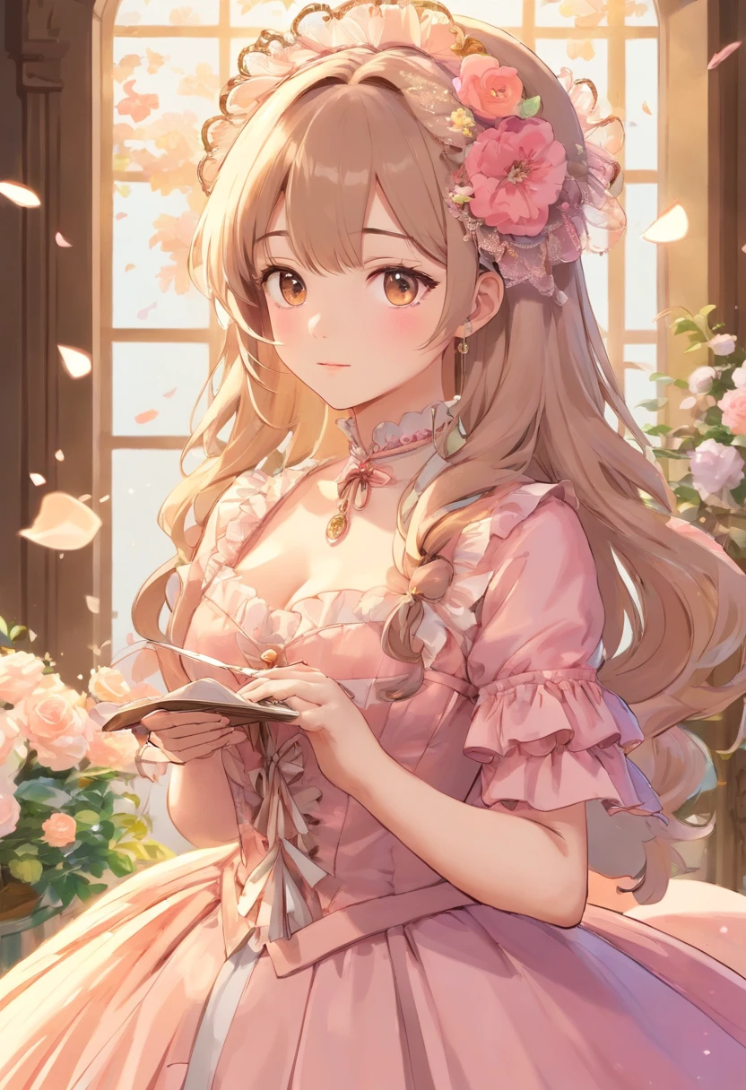 (Masterpiece), (best quality), illustration of Victorian Girl、kawaii girl、aniime、 1. **lo fashion**: Victorian fashion is characterized by dressy and elegant design。Ruffles and laces、corsets、Try incorporating elements such as long dresses。 2. **hairstyle on**: Women's hairstyles in the Victorian era are often complex and delicate。Upstyling and curling、It is also a good idea to add ribbons and floral ornaments to the hair.。 3. **Features**: girl features with soft features、Beautiful、kawaii、intelligent Beatty, Beautiful 5. **accessorized**: Accessories played an important role in the Victorian era。Hats、gloves、umbrellas, etc.、By drawing accessories with attention to detail、You can give your character personality。 Nice dress、florals、Luxurious costumes、PastelColors, (shining brightly), ((dazzling)), (floating a lot of flower petals, ((2d)), ((paper art))、(((glamorous)))、Plump、(((Chubby Mature Woman)))、(((Huge breasts)))、sexy woman、(Voluptuous:1.2)