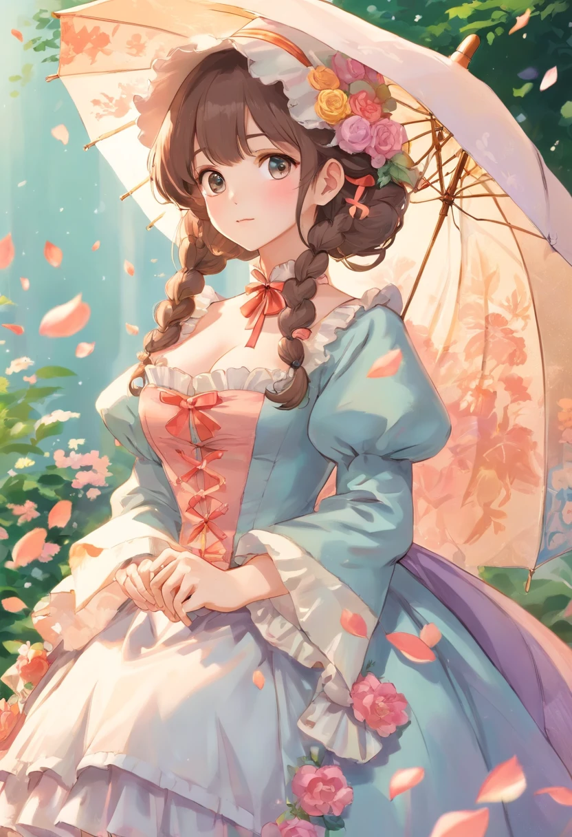 (Masterpiece), (best quality), illustration of Victorian Girl、kawaii girl、aniime、 1. **lo fashion**: Victorian fashion is characterized by dressy and elegant design。Ruffles and laces、corsets、Try incorporating elements such as long dresses。 2. **hairstyle on**: Women's hairstyles in the Victorian era are often complex and delicate。Upstyling and curling、It is also a good idea to add ribbons and floral ornaments to the hair.。 3. **Features**: girl features with soft features、Beautiful、kawaii、intelligent Beatty, Beautiful 5. **accessorized**: Accessories played an important role in the Victorian era。Hats、gloves、umbrellas, etc.、By drawing accessories with attention to detail、You can give your character personality。 Nice dress、florals、Luxurious costumes、PastelColors, (shining brightly), ((dazzling)), (floating a lot of flower petals, ((2d)), ((paper art))、(((glamorous)))、Plump、(((Chubby Mature Woman)))、(((Huge breasts)))、sexy woman、(Voluptuous:1.2)