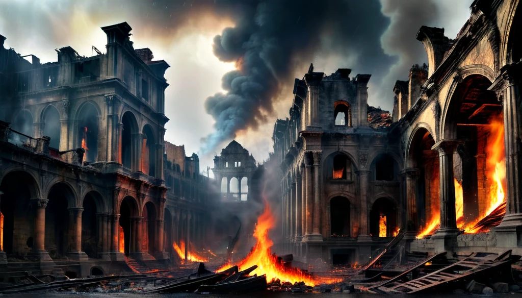 Big city, destroyed and engulfed in flames, wide view HDR, better image quality, debris, light rain, sharp lighting, dramatic, intense fire, smoke, ruins, ancient architecture, medieval templaio, rainy and moody atmosphere, professional, high resolution , ultra-detailed, historical, vivid tones, HDR, fire effects, post-apocalyptic setting