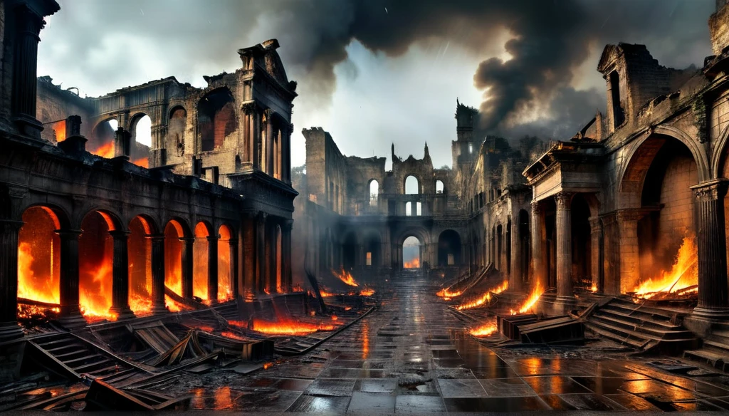Big city, destroyed and engulfed in flames, wide view HDR, better image quality, debris, light rain, sharp lighting, dramatic, intense fire, smoke, ruins, ancient architecture, medieval templaio, rainy and moody atmosphere, professional, high resolution , ultra-detailed, historical, vivid tones, HDR, fire effects, post-apocalyptic setting