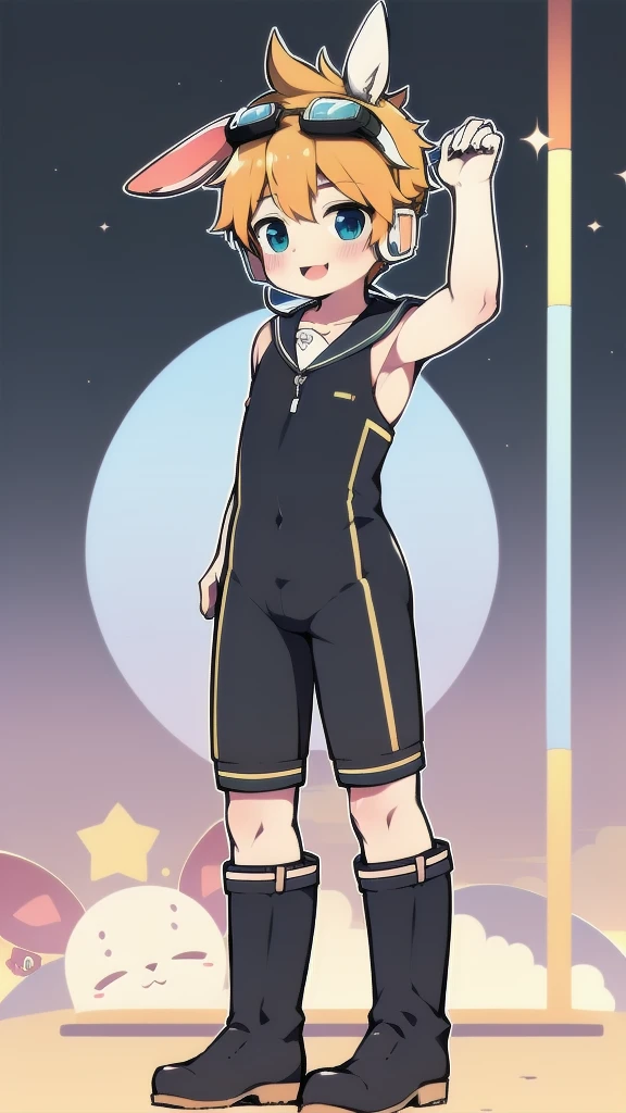 2D Shonen Shota,One-piece suit,Slim, healthy body,Put the headphones on your head,stand up,goggles,Rabbit ears,Happy,Sailor collar,boots,charming,Akimbo