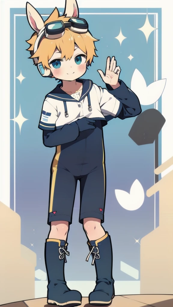 2D Shonen Shota,One-piece suit,Slim, healthy body,Put the headphones on your head,stand up,goggles,Rabbit ears,Happy,Sailor collar,boots,charming,Akimbo