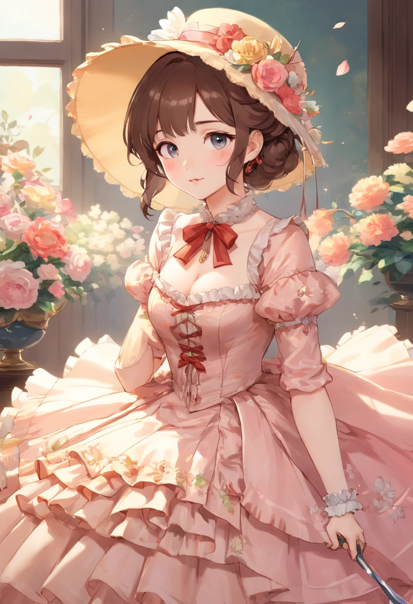 (Masterpiece), (best quality), illustration of Victorian Girl、kawaii girl、aniime、 1. **lo fashion**: Victorian fashion is characterized by dressy and elegant design。Ruffles and laces、corsets、Try incorporating elements such as long dresses。 2. **hairstyle on**: Women's hairstyles in the Victorian era are often complex and delicate。Upstyling and curling、It is also a good idea to add ribbons and floral ornaments to the hair.。 3. **Features**: girl features with soft features、Beautiful、kawaii、intelligent Beatty, Beautiful 5. **accessorized**: Accessories played an important role in the Victorian era。Hats、gloves、umbrellas, etc.、By drawing accessories with attention to detail、You can give your character personality。 Nice dress、florals、Luxurious costumes、PastelColors, (shining brightly), ((dazzling)), (floating a lot of flower petals, ((2d)), ((paper art))、(((glamorous)))、Plump、(((Chubby Mature Woman)))、(((Huge breasts)))、sexy woman、(Voluptuous:1.2)