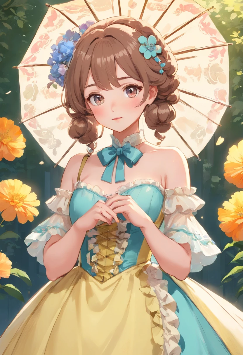 (Masterpiece), (best quality), illustration of Victorian Girl、kawaii girl、aniime、 1. **lo fashion**: Victorian fashion is characterized by dressy and elegant design。Ruffles and laces、corsets、Try incorporating elements such as long dresses。 2. **hairstyle on**: Women's hairstyles in the Victorian era are often complex and delicate。Upstyling and curling、It is also a good idea to add ribbons and floral ornaments to the hair.。 3. **Features**: girl features with soft features、Beautiful、kawaii、intelligent Beatty, Beautiful 5. **accessorized**: Accessories played an important role in the Victorian era。Hats、gloves、umbrellas, etc.、By drawing accessories with attention to detail、You can give your character personality。 Nice dress、florals、Luxurious costumes、PastelColors, (shining brightly), ((dazzling)), (floating a lot of flower petals, ((2d)), ((paper art))、(((glamorous)))、Plump、(((Chubby Mature Woman)))、(((Huge breasts)))、sexy woman、(Voluptuous:1.2)