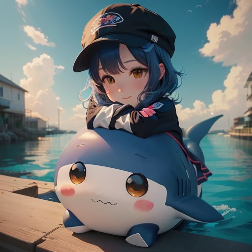 Anime girl sits on a shark toy in front of a body of water., artwork in the style of Guvez, Cute detailed digital art., Guvez, anime style 4 k, cute digital paintings, anime style. 8K, Trending on cgstation, anime style 3 มิติที่สมจริง, Cool anime, Profile picture 1024px cute whale