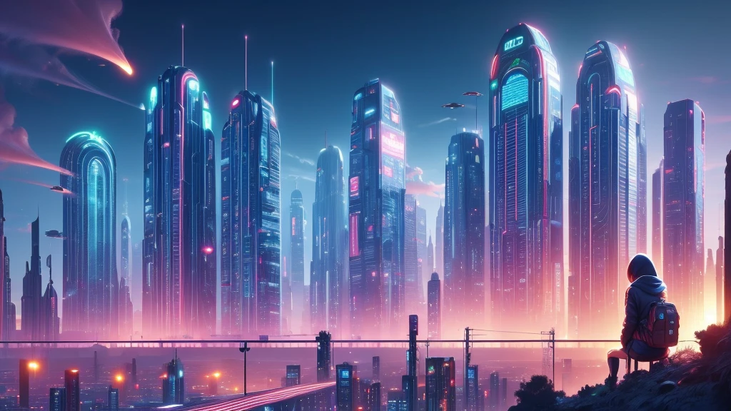 image taken from behind the shoulder of a GIRL with her back turned and DRESSED IN A HOOD from a balcony of a futuristic building with, She is looking at an aerial view of an ultra-futuristic North American megalopolis, view of the entire city with many metal buildings and houses in dark colors from dark blue to black, a cidade tem tons de cinza metal, has smoky metal structures , industrial environment with smoke and fog around, carros escuros nas ruas, desert megalopolis, trilhos e trens modernos de de metal passando estre as ruas da cidade, tall futuristic metal buildings, many ultra modern buildings around, , as realistic as possible, As detailed as possible, Science fiction