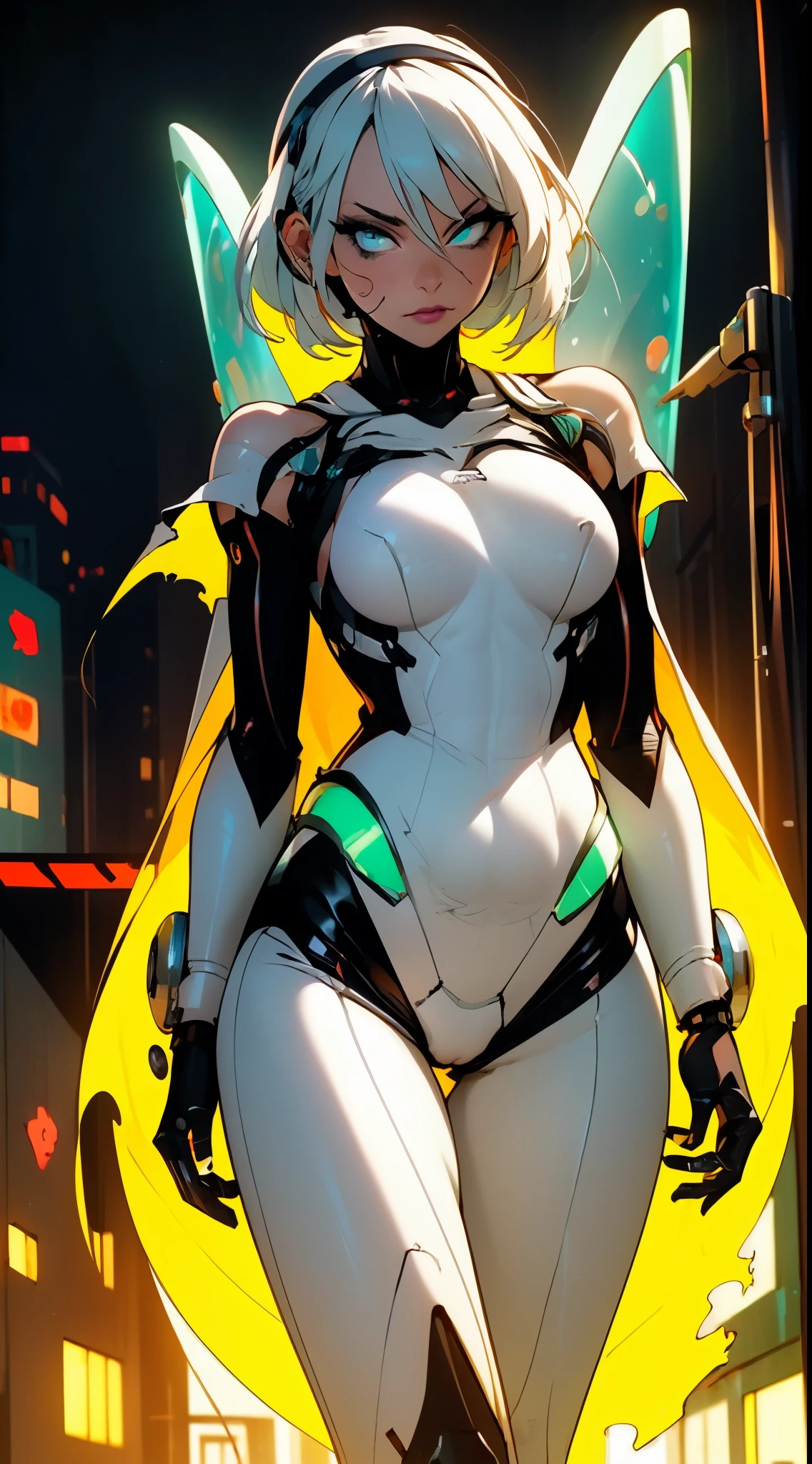 (mechanical parts:1.5),fighting , glowing eyes, short hair,torn tight supersuit, in a futuristic city, lights and neon, glowing power aura, lovely pose, dynamic view