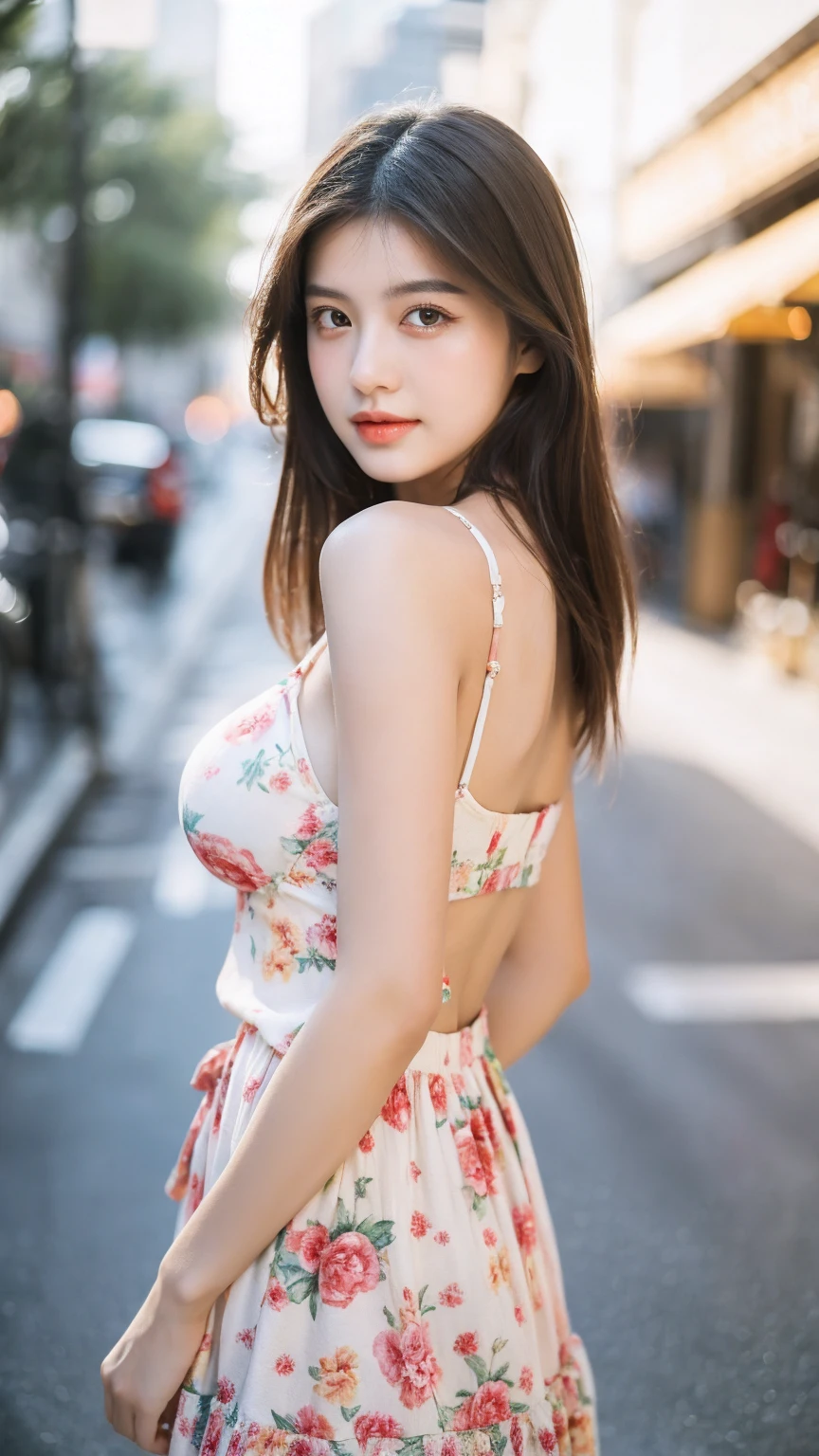 ((Best quality, 8K, masterpiece:1.3)),1girl,18 years old,Asian,Real texture:1.3,(Background blur:1.1),Dress Up,Tall and slender figure:1.2,(Hot summer weather),(street:1.3),Highly detailed face and skin textures,Exquisite eyes,Long eyelashes,Double eyelids,Skin Whitening,happy,Various postures,Big breasts