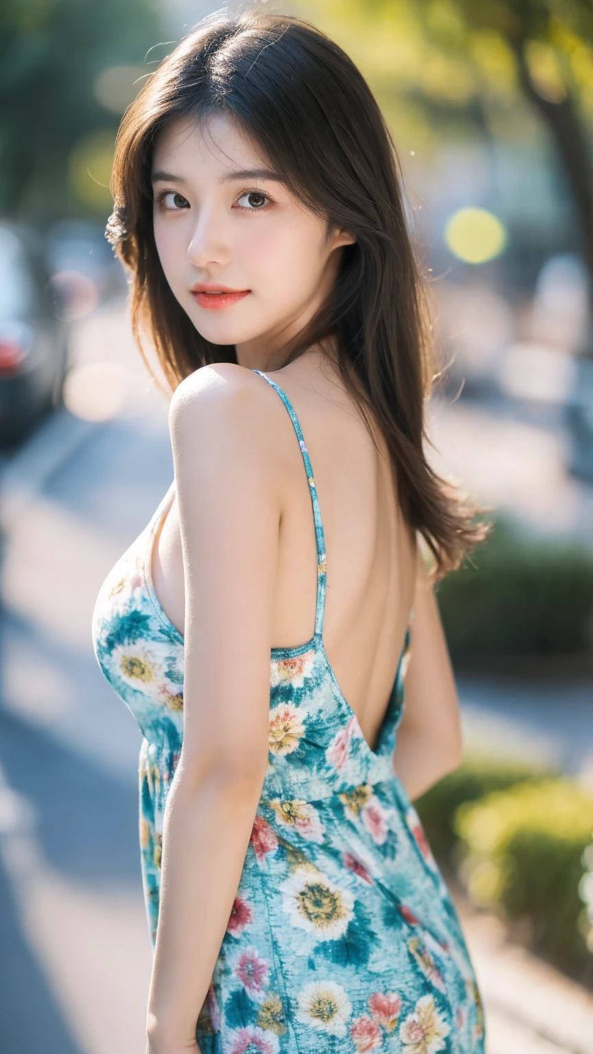 ((Best quality, 8K, masterpiece:1.3)),1girl,18 years old,Asian,Real texture:1.3,(Background blur:1.1),Dress Up,Tall and slender figure:1.2,(Hot summer weather),(street:1.3),Highly detailed face and skin textures,Exquisite eyes,Long eyelashes,Double eyelids,Skin Whitening,happy,Various postures,Big breasts