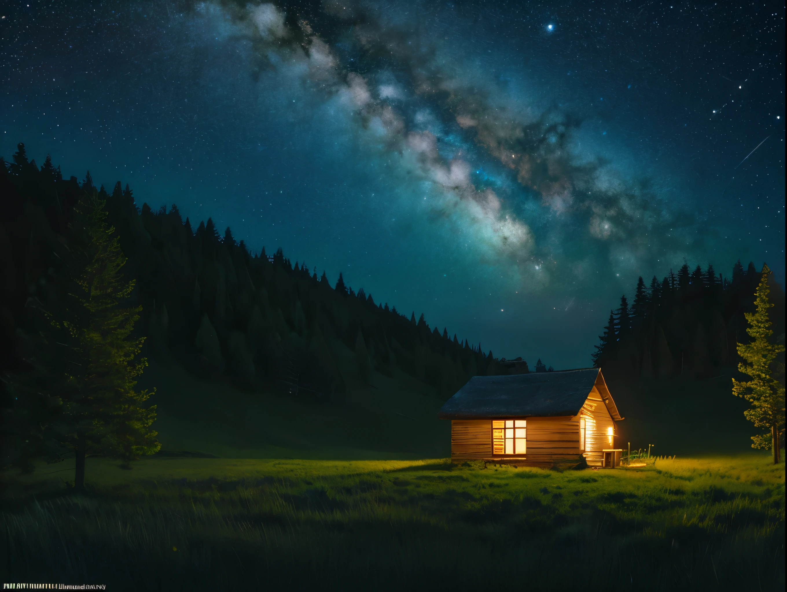 a breathtaking starry night sky, a serene and tranquil landscape, a lone cottage surrounded by lush forests, a milky way galaxy stretching across the heavens, a crescent moon casting a soft glow, a shooting star streaking through the darkness, highly detailed, cinematic lighting, vivid colors, realistic, photorealistic, masterpiece, (best quality,8k,highres,ultra-detailed,extremely detailed),(fantasy art,digital art,hyperrealistic,dramatic lighting)