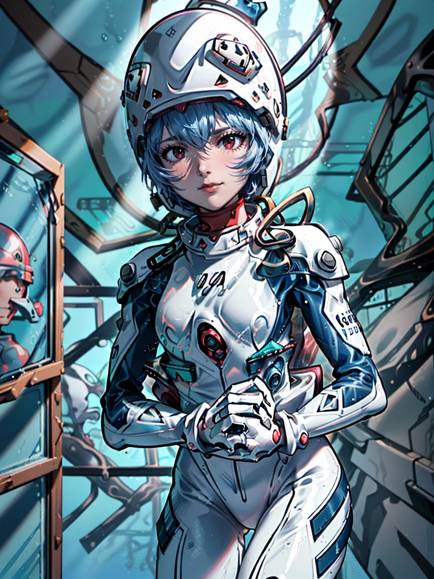 ((Highest quality, 8k wallpaper)),(masterpiece, Highest quality),Very detailed,High resolution,(Official Art:1.3),(((Anime screenshots,Black outline))),One Girl,alone, Blake Mar 1,(Rei Ayanami {Neon Genesis EVANGELION,}1.2),masterpiece, Highest quality, Outdoor, One girl, alone,Red eyes,short hair,Blue Hair, (White plug suit:1.4), Fits perfectly to the skin,(Backlight, Shadowed face, squint, Roll your eyes, Hollow Eyes, Juru, Raise your eyebrows, Close one eye:1.3),(((Sweaty, Sweating profusely, Sweating profuselyをかく,vapor:1.7))), (((Combat Stance, Place your knees together and spread your legs, Leaning forward, Hold your own arm, Bent legs:1.4))),(((solo, Cowboy Shot:1.6))),(((Scuba helmet, glass helmets,Full Face Helmets:1.7))),