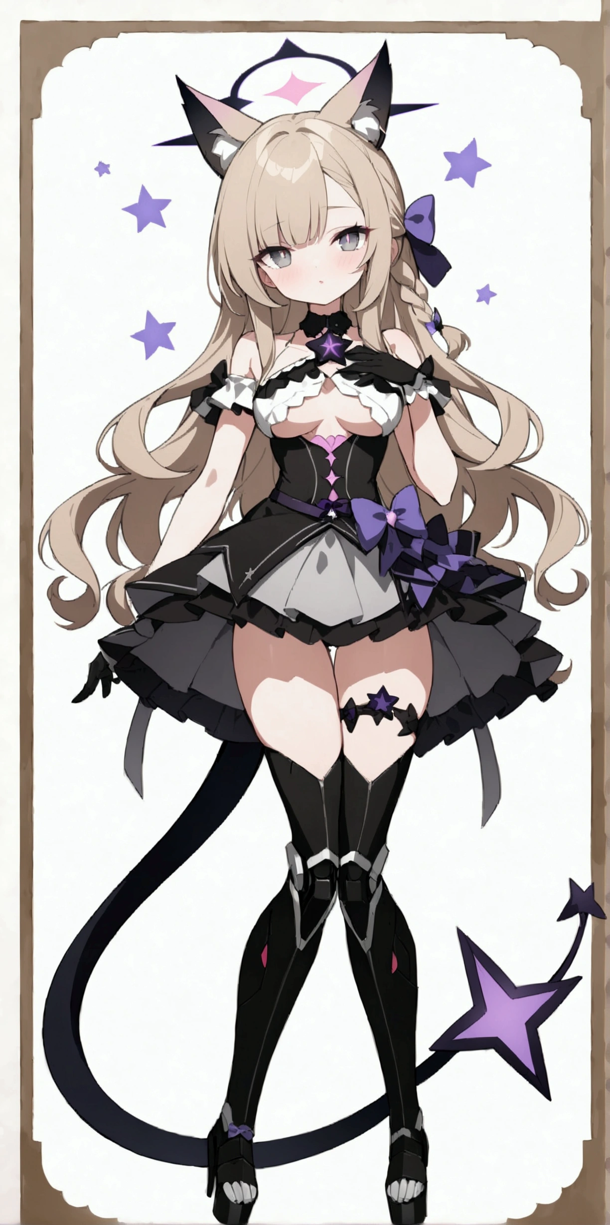 woman 170 cm tall. medium chest, wide hip, slim build, ((whole body)). (((character design sheet: front view))). (dark blonde hair, (hip-length wavy hair with asymmetrical bangs), (She has a short braid tied with an elegant purple bow on the left side of her hair above her chest). (She has a short braid tied with an elegant purple bow on the right side of her hair above her chest). She has small ribbons in the back of her hair..). ((Gray eyes with a pink 4-pointed star in the pupil.)). Two black and purple serval ears located on the top of the head. (Luminous black halo with purple star patterns above his head). He has a black collar with a heart emblem on his neck.. (Elegant one-piece long dress with lace and ruffle thigh-high skirt, ribbon decorations and star patterns on the dress). black gloves, beautiful black platform heels. gray belt at the waist with a large ribbon with a luminous pink heart in the middle. (It has a beautiful succubus tail with a small purple star on the tip.). ((It has complex mechanical legs that reach up to the thighs and are black with small purple details..)). beautiful detailed hair, beautiful detailed dress. extremely detailed arms. extremely detailed face, small face, Beautiful detailed eyes, beautiful detailed lips. adorable. extremely detailed legs. (Best Quality, 4k, high resolution), ultra detailed, Exquisite and epic character art., ((White background)). (Focus on symmetry).