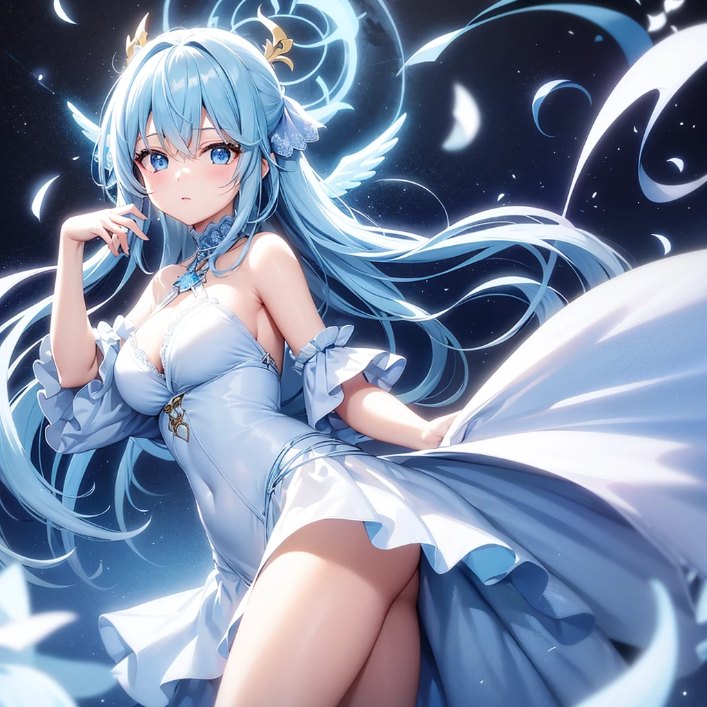 Angel、Light blue hair、Light blue eyes、Long Hair、girl、Background is sky