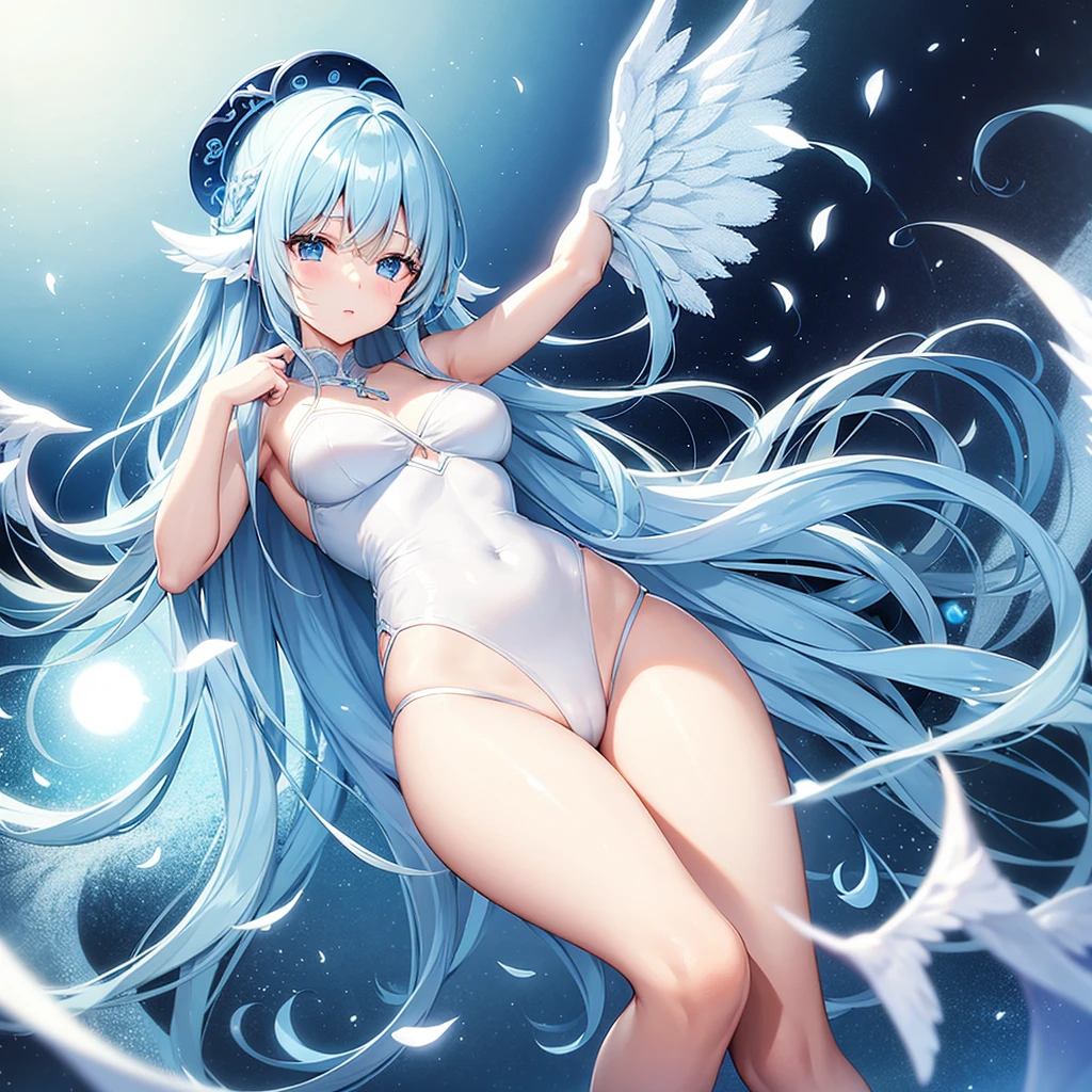 Angel、Light blue hair、Light blue eyes、Long Hair、girl、Background is sky