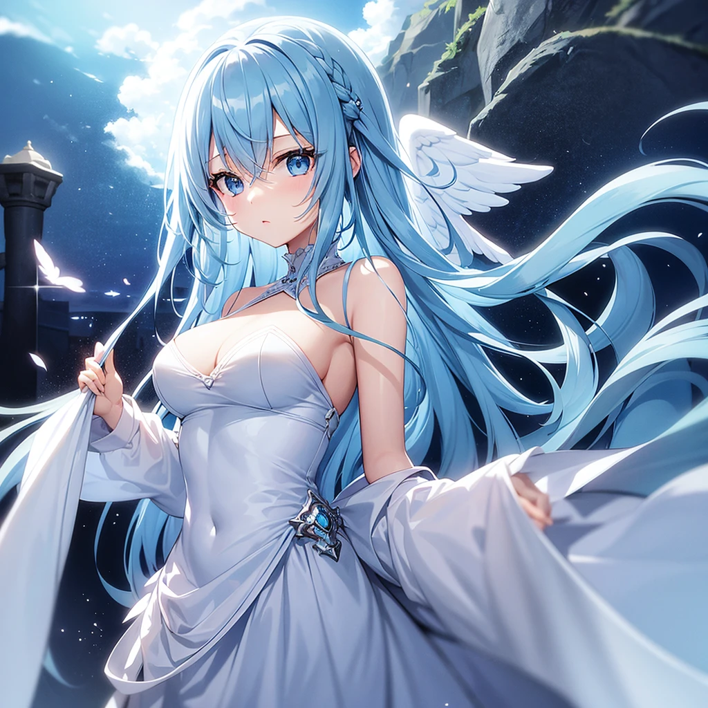 Angel、Light blue hair、Light blue eyes、Long Hair、girl、Background is sky