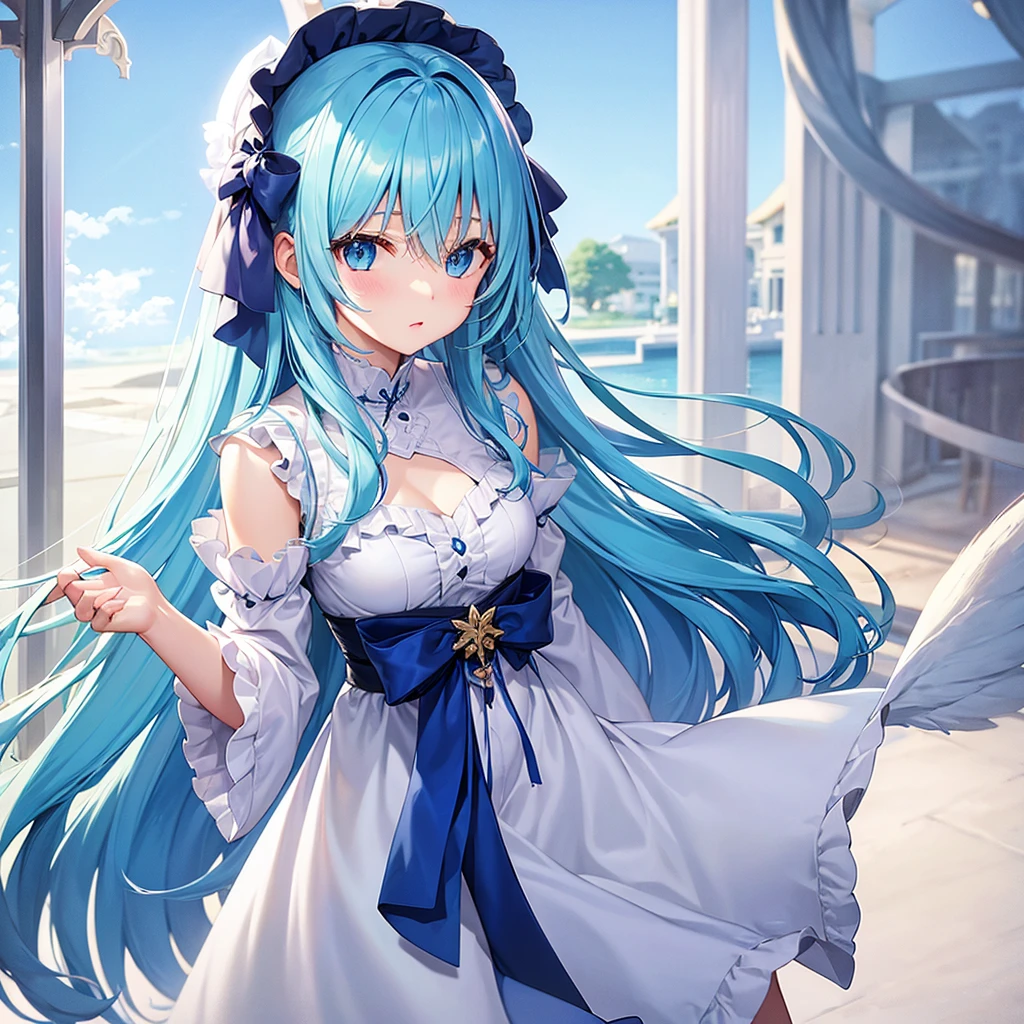 Angel、Light blue hair、Light blue eyes、Long Hair、girl、Background is sky
