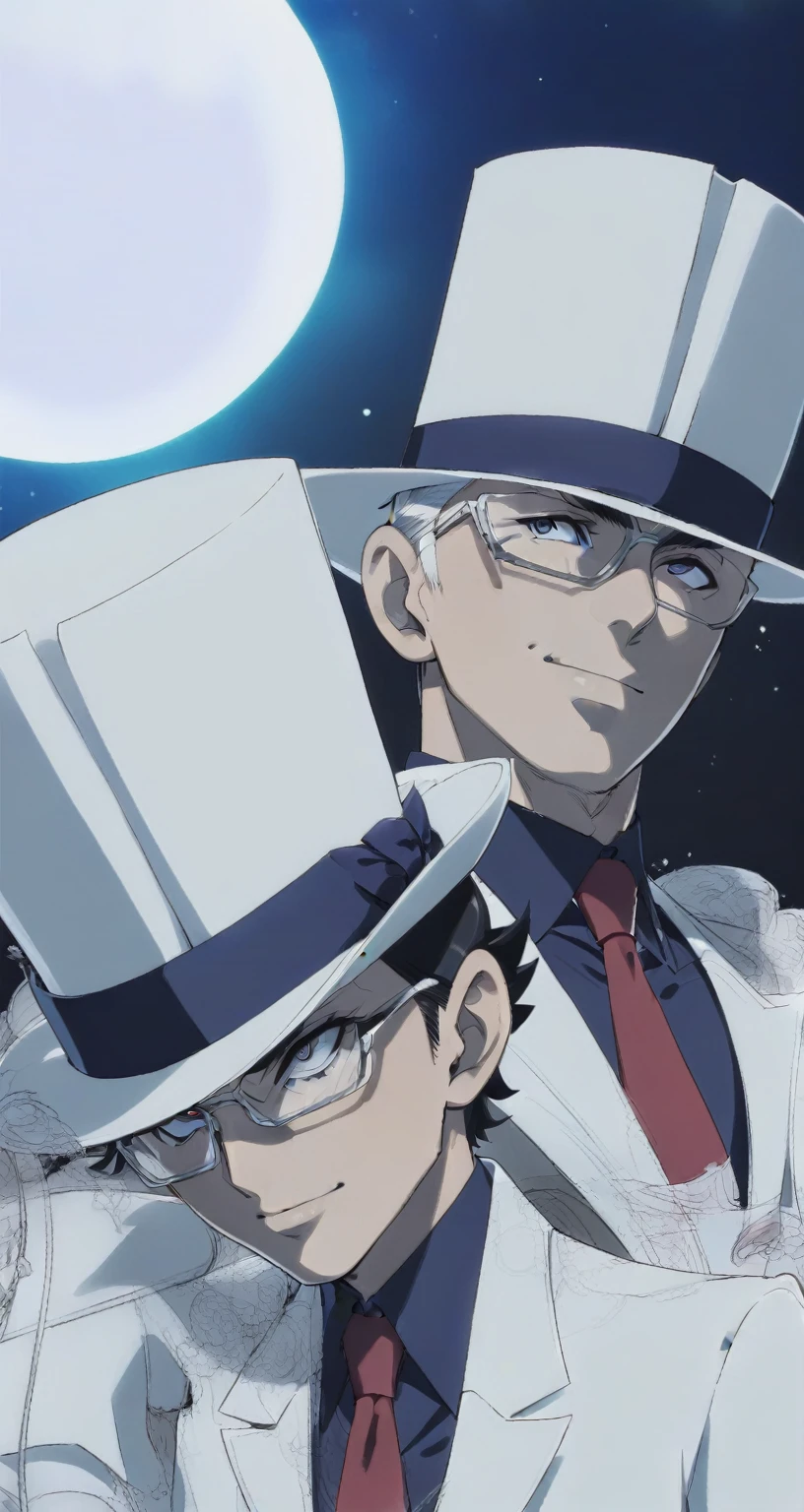 Full moon background、Two anime characters wearing white suits and hats, 彼はsilk hatをかぶっている, silk hat, yukio - e, ガラスの目とsilk hatで, Space Dandy anime dandy, Two handsome anime guys, jotaro kujo, shinichi sakamoto, 2D Animation, Dynamic Leadership Style, Animated masterpiece