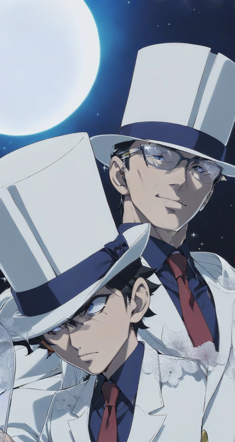 Full moon background、Two anime characters wearing white suits and hats, 彼はsilk hatをかぶっている, silk hat, yukio - e, ガラスの目とsilk hatで, Space Dandy anime dandy, Two handsome anime guys, jotaro kujo, shinichi sakamoto, 2D Animation, Dynamic Leadership Style, Animated masterpiece