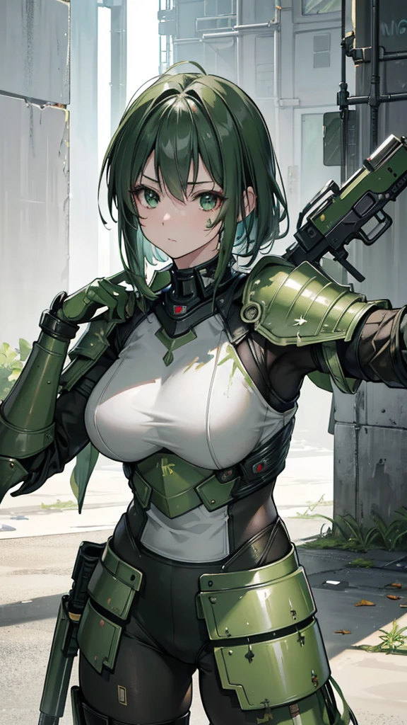 8k,Realistic skin texture、Surrealism、Realistic photos、A futuristic Japanese female soldier stands among the ruins、Damaged moss green metal armor、Armor with skull markings painted on it、Unit livery and identification number、peeling paint、Grease stains、energy rifle、fight、Detailed description、dynamic poses