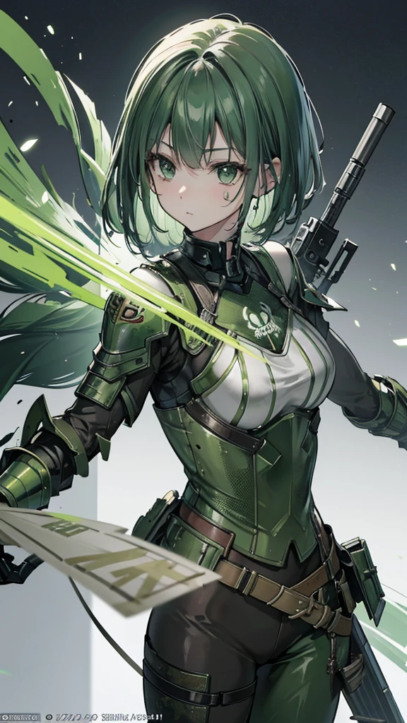 8k,Realistic skin texture、Surrealism、Realistic photos、A futuristic Japanese female soldier stands among the ruins、Damaged moss green metal armor、Armor with skull markings painted on it、Unit livery and identification number、peeling paint、Grease stains、energy rifle、fight、Detailed description、dynamic poses