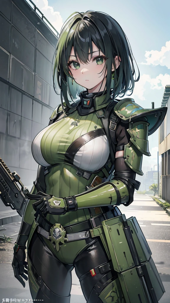8k,Realistic skin texture、Surrealism、Realistic photos、A futuristic Japanese female soldier stands among the ruins、Damaged moss green metal armor、Armor with skull markings painted on it、Unit livery and identification number、peeling paint、Grease stains、energy rifle、fight、Detailed description、dynamic poses