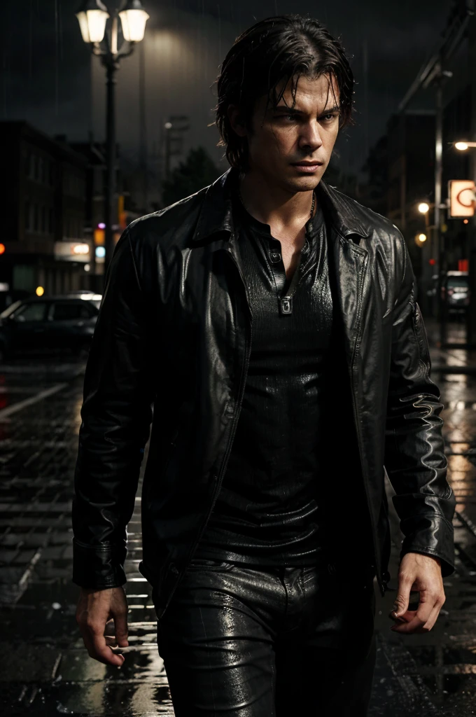 Prompt: In a gritty, rain-soaked parking lot reminiscent of a Max Payne scene, Damon Salvatore sets up his luggage in the trunk of his sleek, black car. The rain pours down heavily, creating a dramatic and moody atmosphere. Damon, dressed in a dark leather jacket, looks focused and determined as he secures his bags. His hair is wet, rain droplets glistening on his face, and the headlights of the car cast a harsh, cinematic glow. The scene captures the essence of a lone, enigmatic figure preparing for another intense journey, the city lights blurred by the relentless rain in the background.






